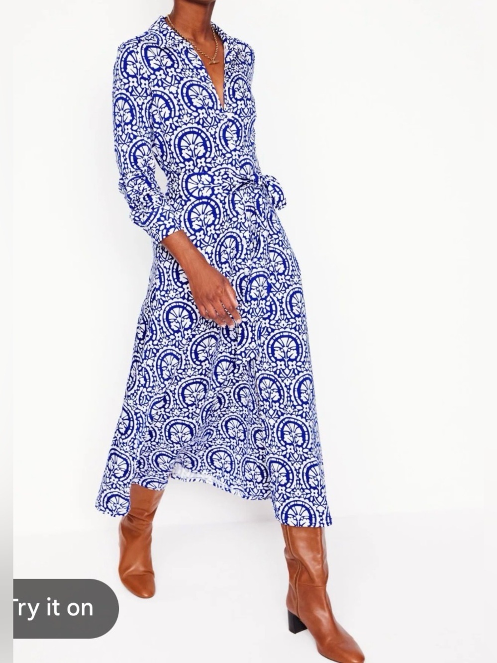Boden Marcia Jersey Shirt Dress 10P petite cobalt blue Floral Midi Long Sleeve